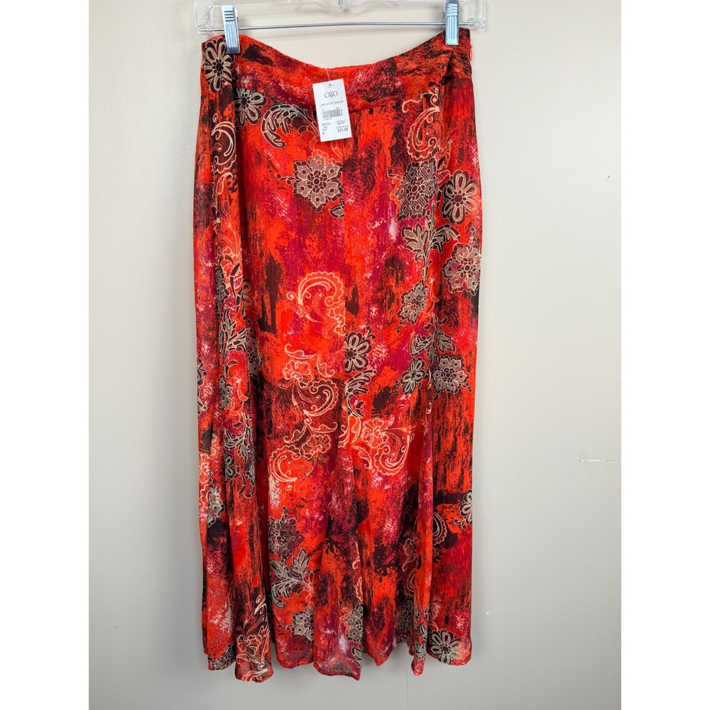 Cato Red Orange Floral Paisley Maxi Skirt Size 6 NWT Bohemian Lined Side Zip